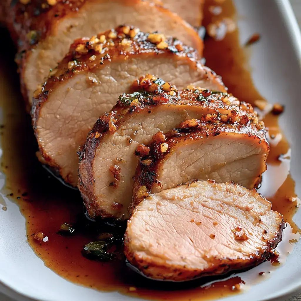 A close-up of sliced pork tenderloin drizzled with a savory sauce and garnished with minced garlic.