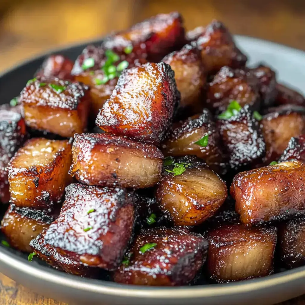 A close-up of deliciously caramelized cubes of pork belly garnished with chopped herbs.