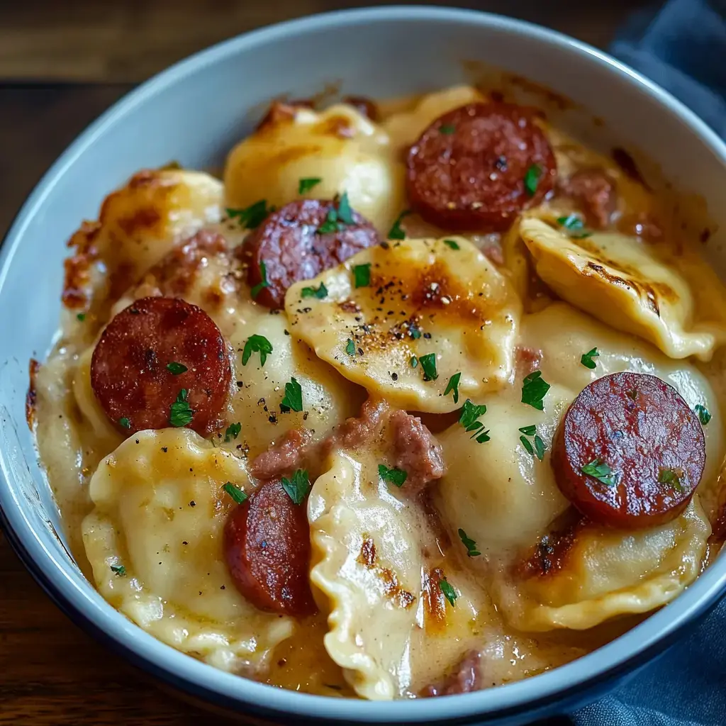 A bowl of creamy pasta with ravioli and slices of sausage, garnished with parsley.