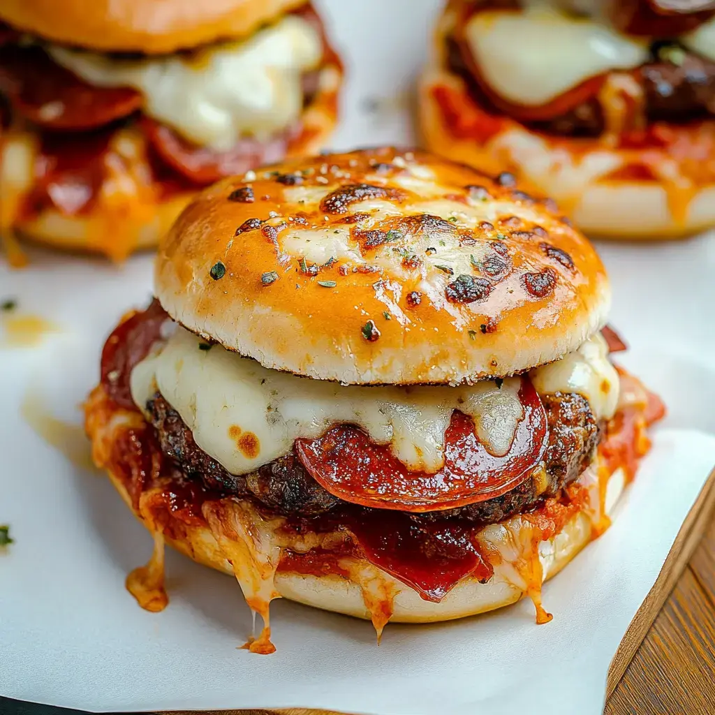 A close-up of a cheesy burger topped with pepperoni on a toasted bun, with melted cheese and sauce oozing out.