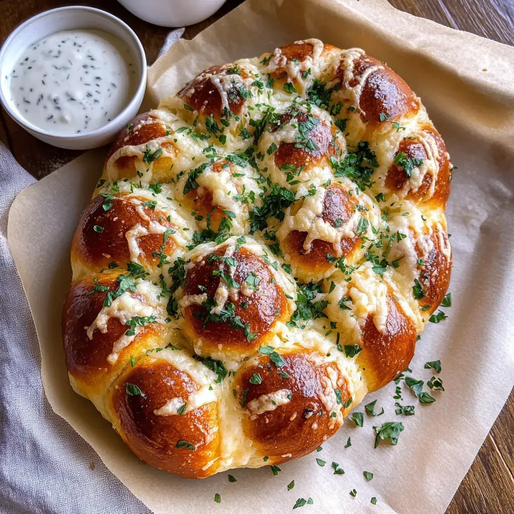 A freshly baked cheese and herb pull-apart bread topped with melted cheese and chopped parsley, served with a small bowl of creamy dipping sauce.