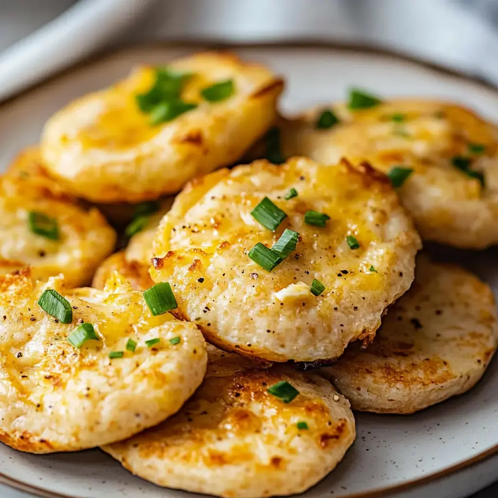 A plate of golden-brown, pan-fried patties topped with green onions.