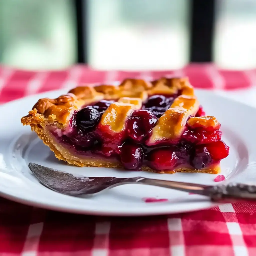 A slice of berry pie rests on a white plate with a fork beside it, set on a red and white checkered tablecloth.