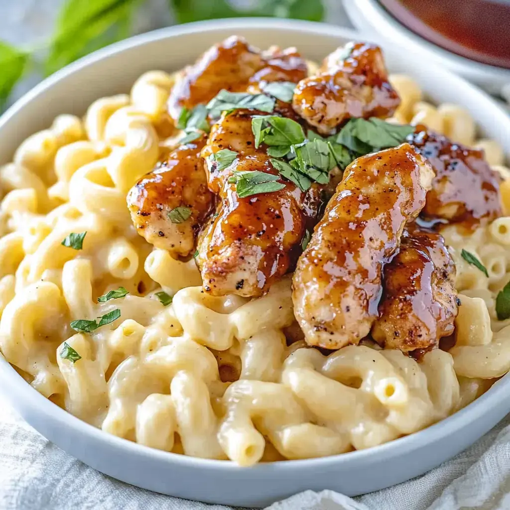 A bowl of creamy macaroni and cheese topped with grilled chicken strips drizzled in a glossy sauce and garnished with fresh herbs.