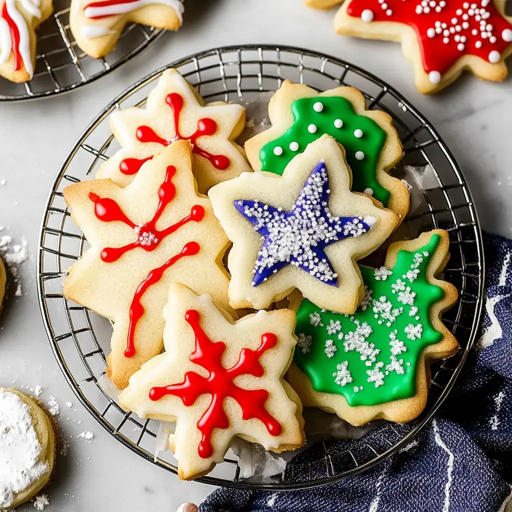 A festive assortment of decorated Christmas cookies shaped like stars and snowflakes, featuring vibrant red, blue, green, and white icing, displayed in a wire basket.