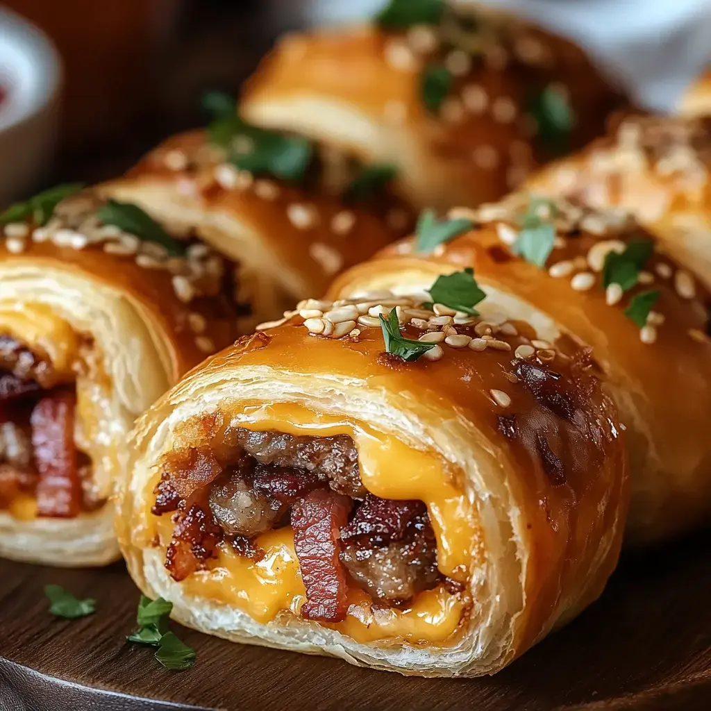 A close-up of flaky pastry rolls filled with cheese, bacon, and meat, garnished with sesame seeds and herbs.