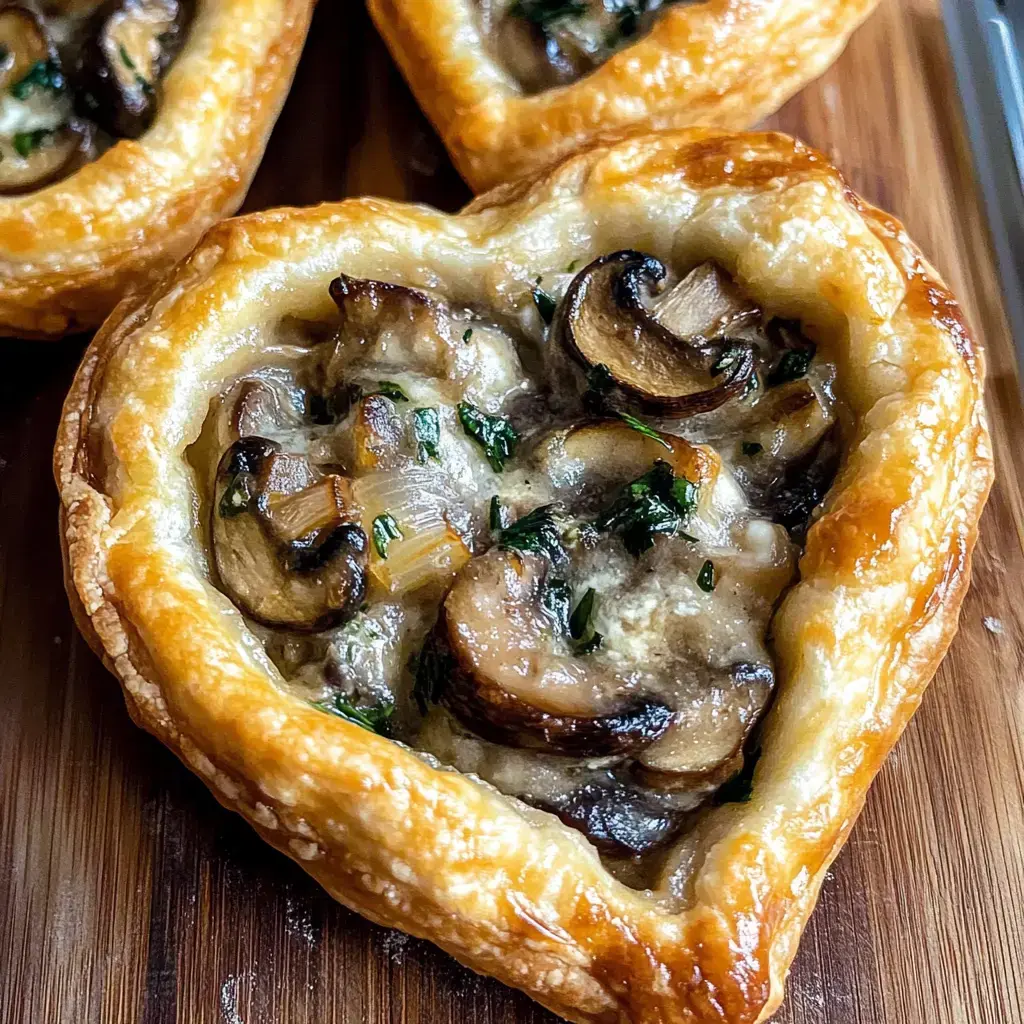 Two heart-shaped pastry tarts filled with a creamy mixture of mushrooms and herbs are displayed on a wooden surface.