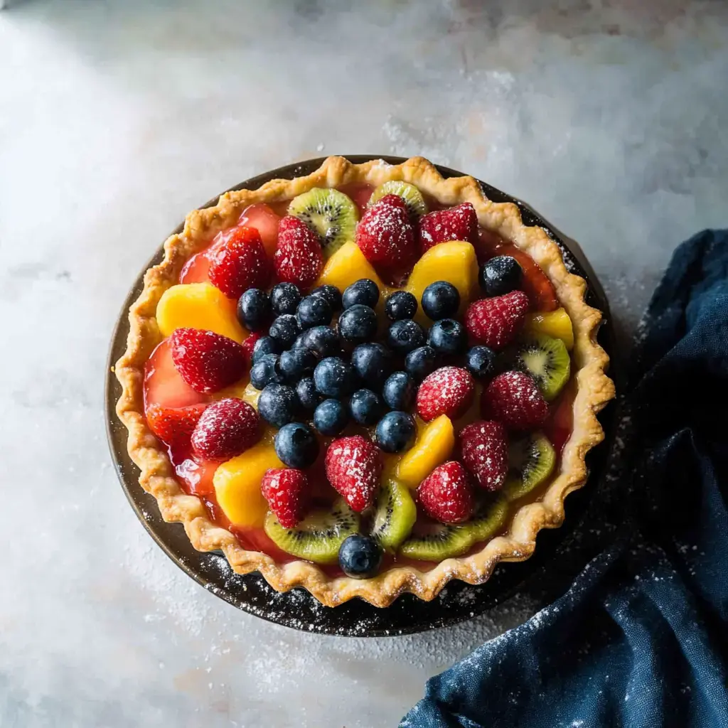 A colorful fruit tart topped with strawberries, blueberries, kiwis, and mango slices, set on a dark plate.