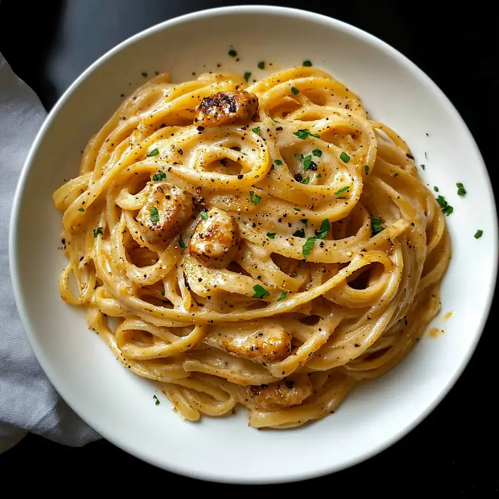 A plate of creamy pasta with grilled chicken, sprinkled with black pepper and garnished with fresh parsley.