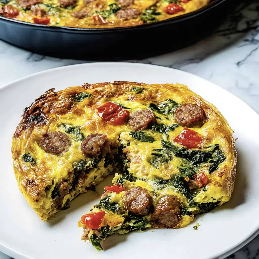 A slice of frittata featuring spinach, tomatoes, and sausage, served on a white plate with the full dish in the background.