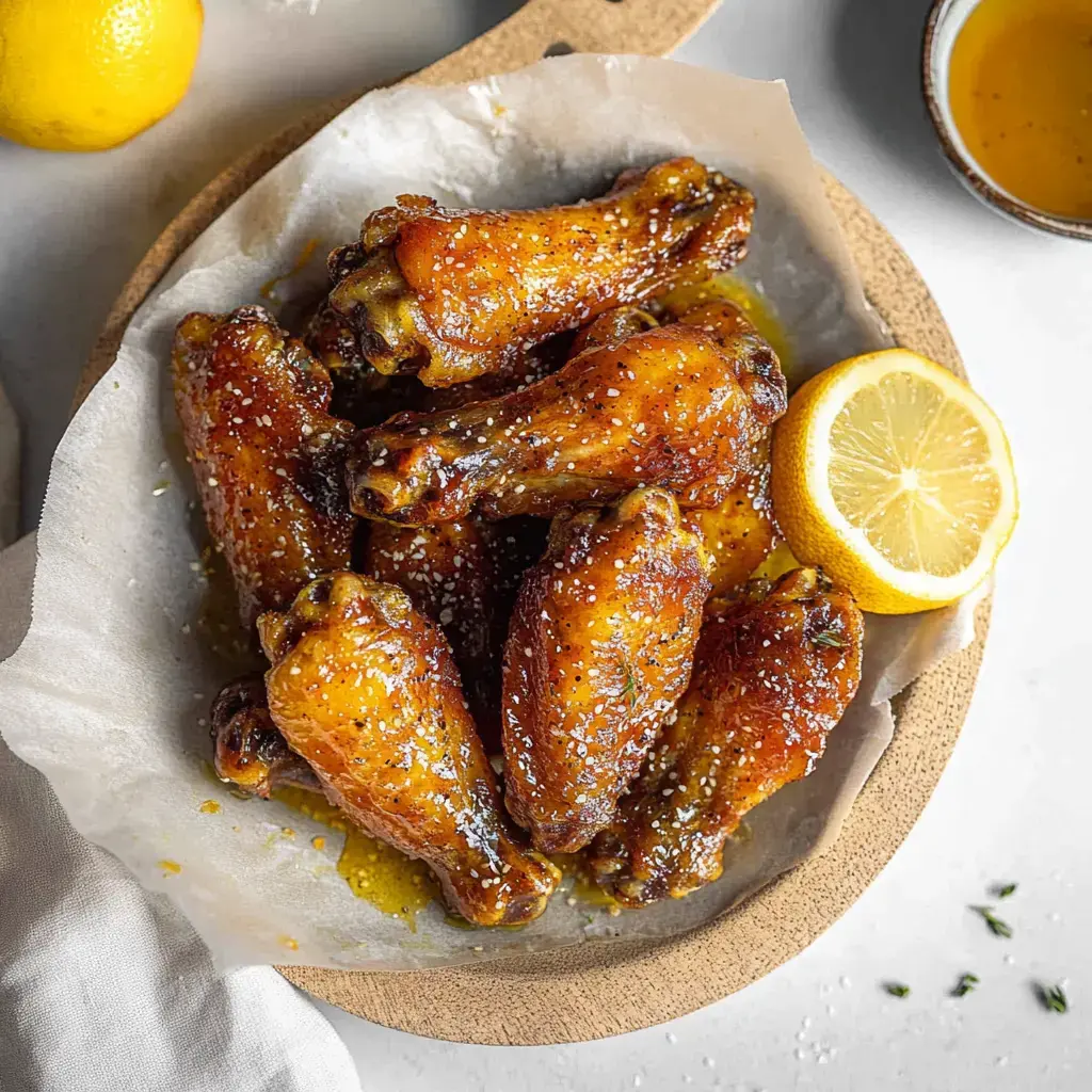 A wooden bowl filled with glazed chicken wings topped with herbs and a wedge of lemon, accompanied by a small bowl of sauce.