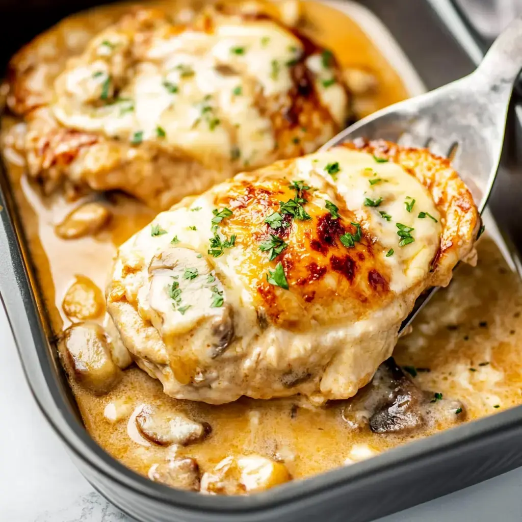 A golden-brown chicken breast topped with melted cheese and garnished with herbs is being lifted from a creamy mushroom sauce in a baking dish.