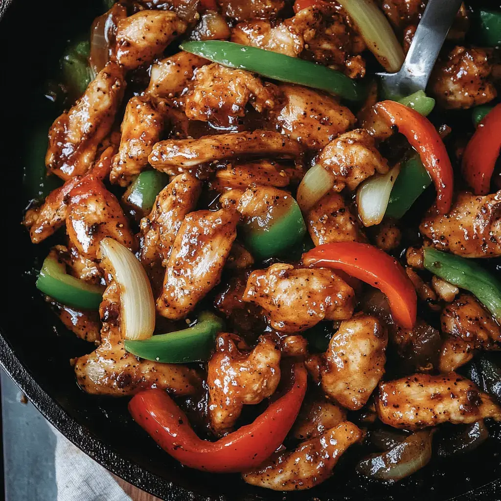 A close-up of stir-fried chicken pieces mixed with green and red bell peppers, coated in a glossy, brown sauce.