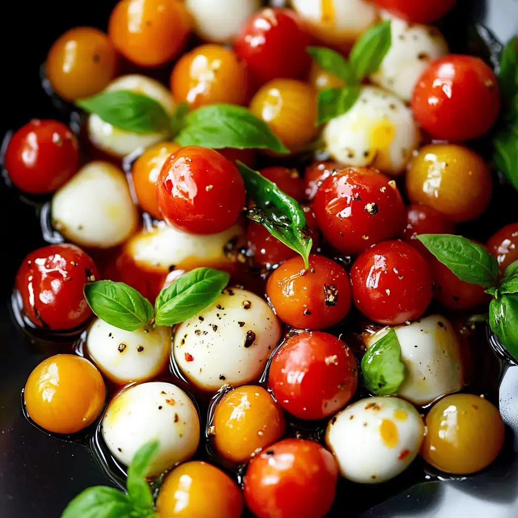 A bowl filled with colorful cherry tomatoes and mozzarella balls, garnished with fresh basil leaves and drizzled with olive oil.