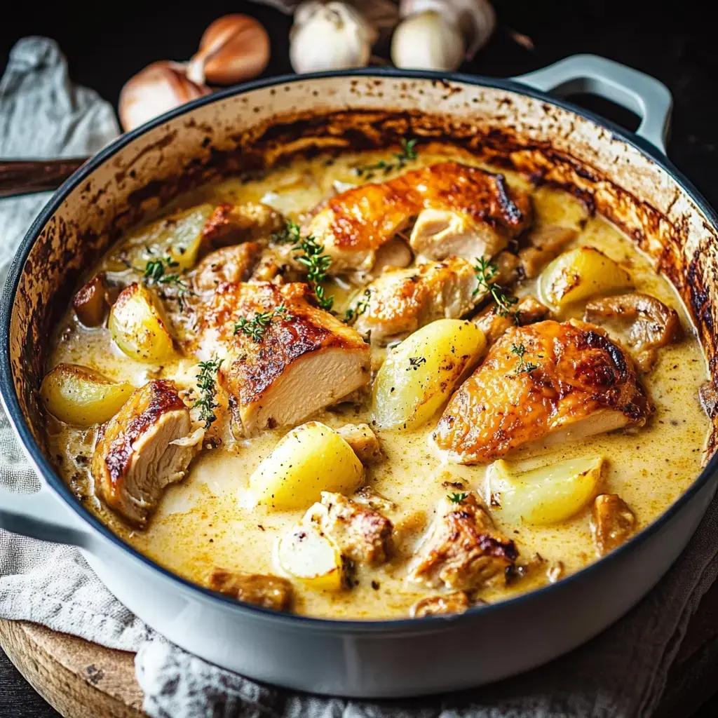 A hearty dish featuring roasted chicken pieces and potatoes in a creamy sauce, garnished with thyme, served in a pot.