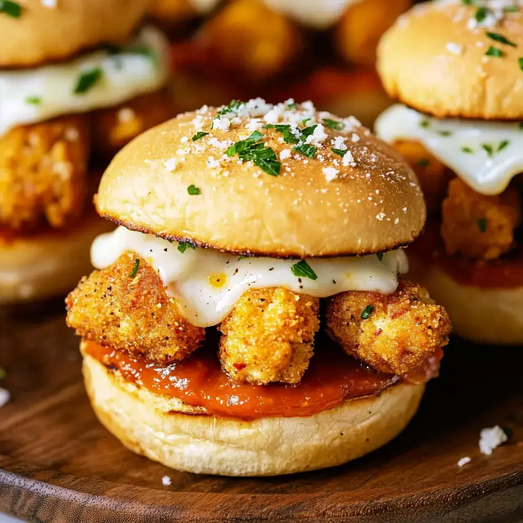 A close-up of a delicious sandwich featuring crispy chicken, marinara sauce, mozzarella, and a sprinkle of parsley, served on a soft bun.