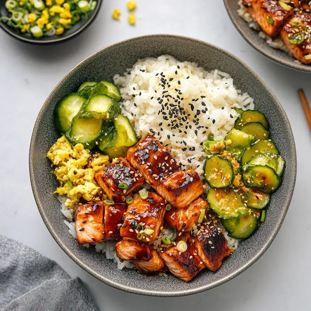 A gray bowl filled with white rice topped with glazed salmon, sautéed cucumbers, scrambled eggs, and garnished with sesame seeds and scallions.