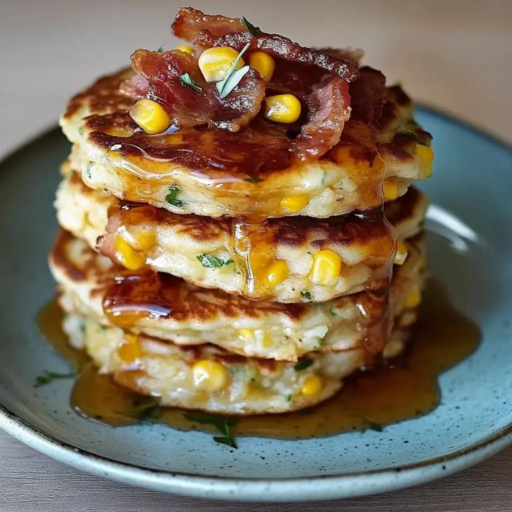 A stack of golden corn pancakes topped with crispy bacon and drizzled with syrup, served on a blue plate.