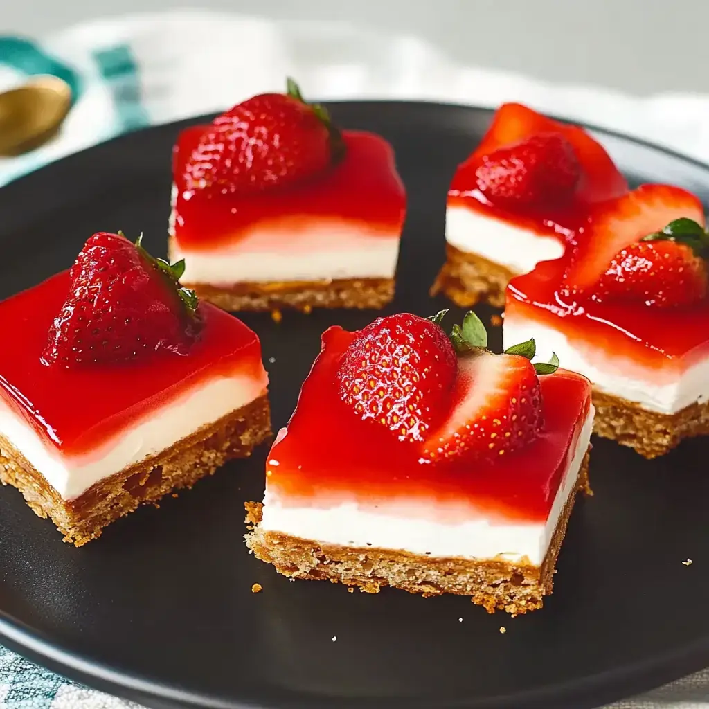 A black plate holds four square strawberry cheesecake bars topped with a glossy red strawberry gelatin layer and fresh strawberry pieces.