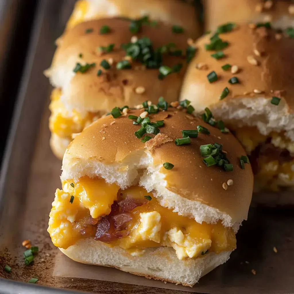 A close-up of a savory slider with melted cheese, scrambled eggs, and bits of bacon, garnished with chopped chives.