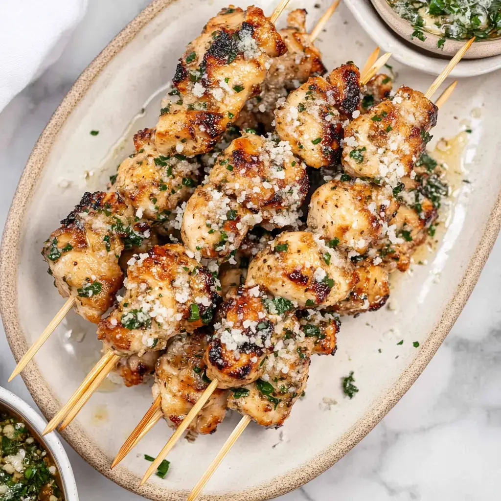 A plate of grilled chicken skewers topped with herbs and seasoning, served with a small bowl of a green sauce.