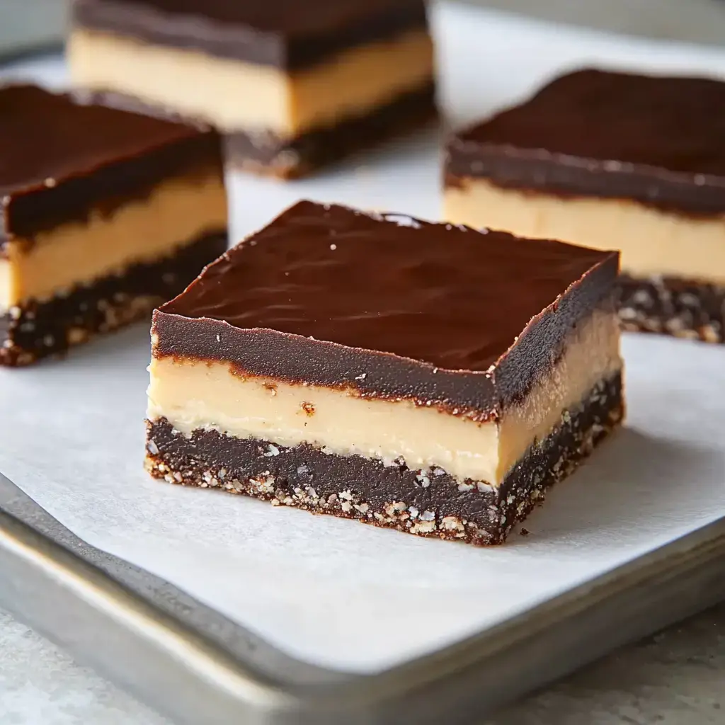 A close-up of layered chocolate and caramel bars on parchment paper, featuring a dark chocolate topping, a creamy caramel middle, and a crumbly chocolate base.