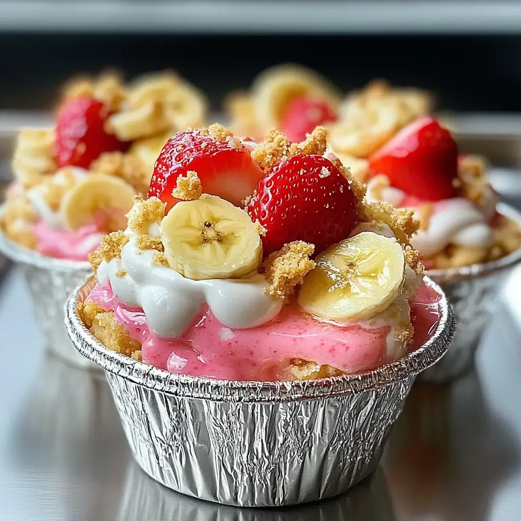 Three individual dessert cups topped with pink frosting, sliced bananas, strawberries, and crushed graham crackers.