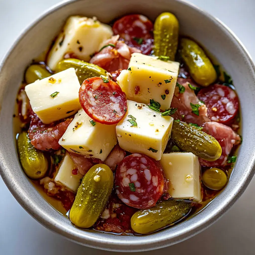 A bowl of assorted ingredients including cubes of cheese, slices of chorizo, pickles, and herbs in a savory marinade.