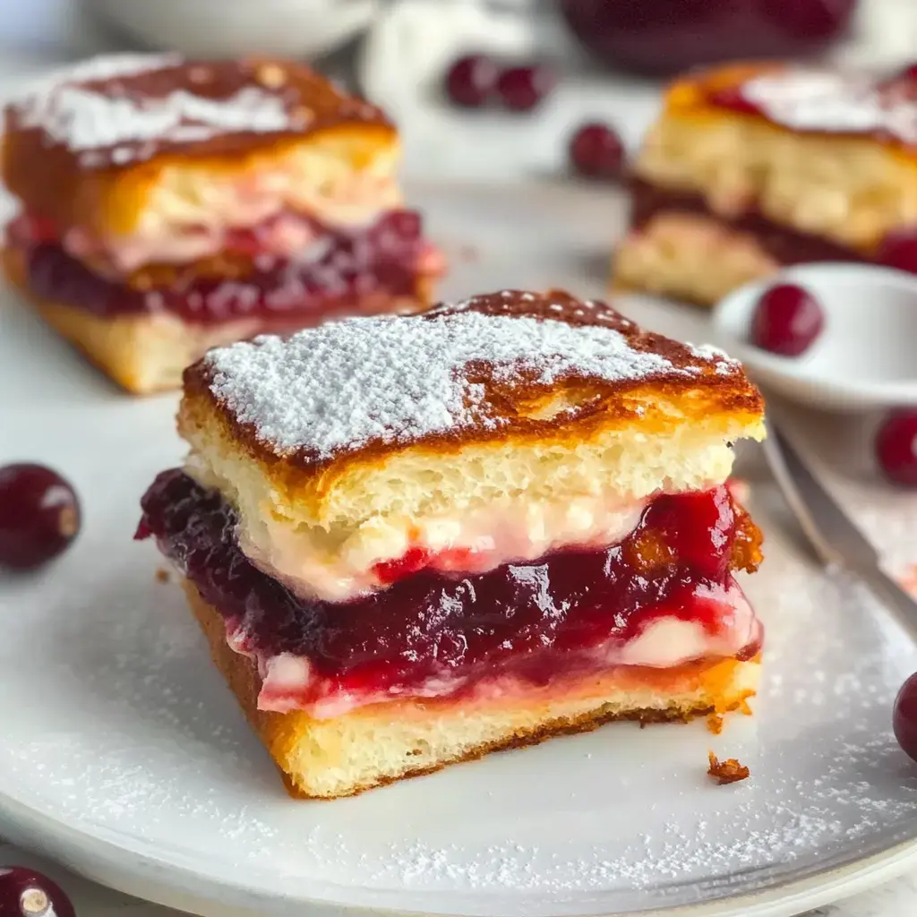 A close-up of a slice of dessert featuring layers of cream, fruit filling, and powdered sugar on a white plate, with additional slices and cranberries in the background.