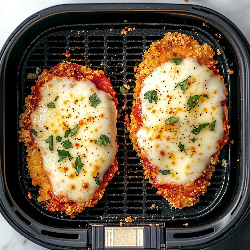 Two golden-brown chicken parmesans topped with melted mozzarella and garnished with parsley, placed in an air fryer basket.