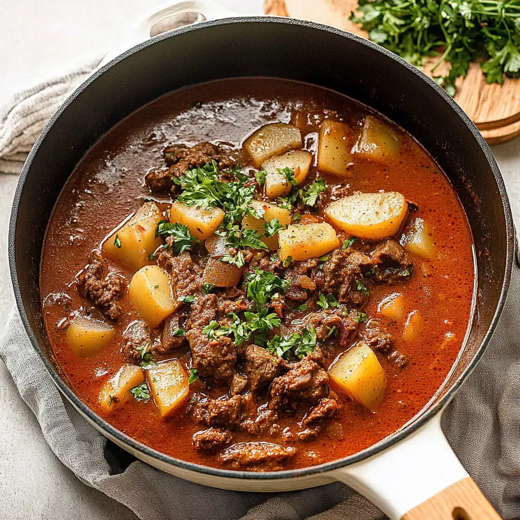 A pot of beef stew with potatoes and garnished with chopped parsley.