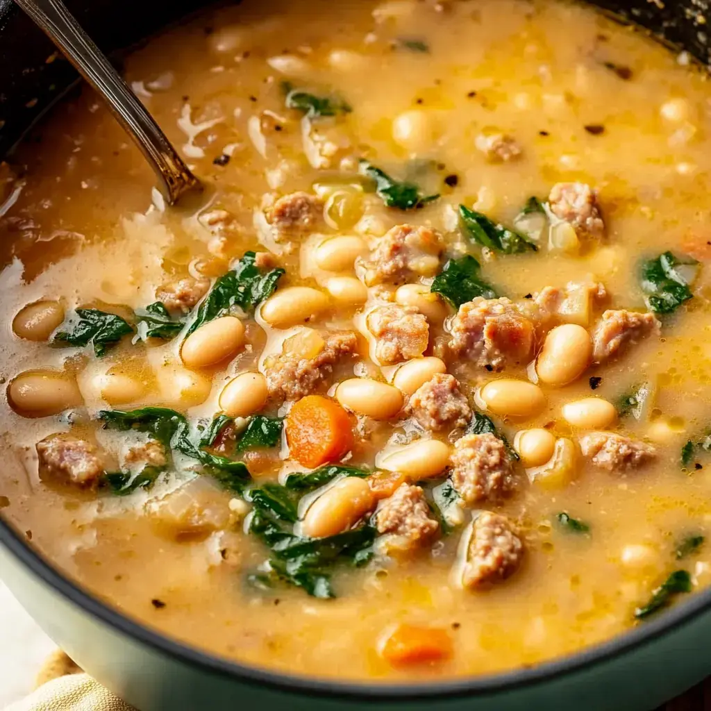 A close-up view of a bowl of hearty white bean soup with ground meat, spinach, and diced carrots.