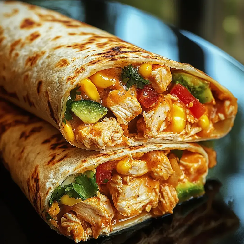 Two grilled chicken burritos filled with corn, diced tomatoes, avocado, and cilantro, presented on a black plate.