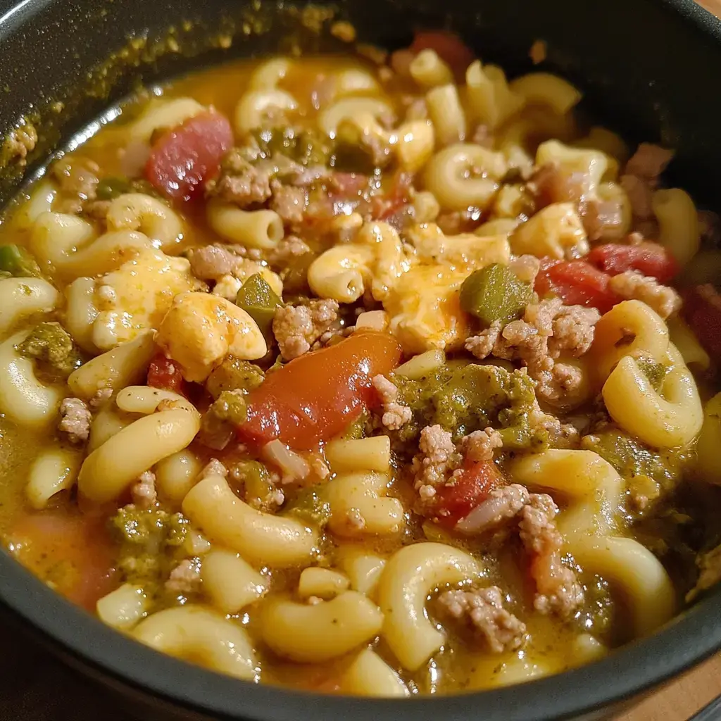 A close-up of a bowl of pasta with ground meat, diced tomatoes, and broccoli in a creamy soup broth.