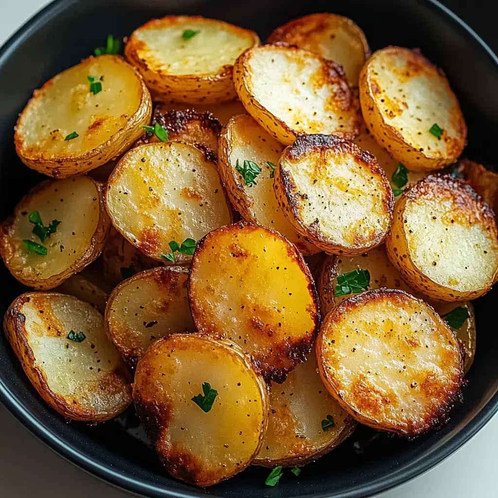 A black bowl filled with sliced, golden-brown roasted potatoes garnished with green herbs.