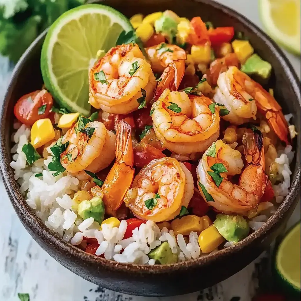 A close-up of a bowl of rice topped with sautéed shrimp, colorful vegetables, and a lime wedge.