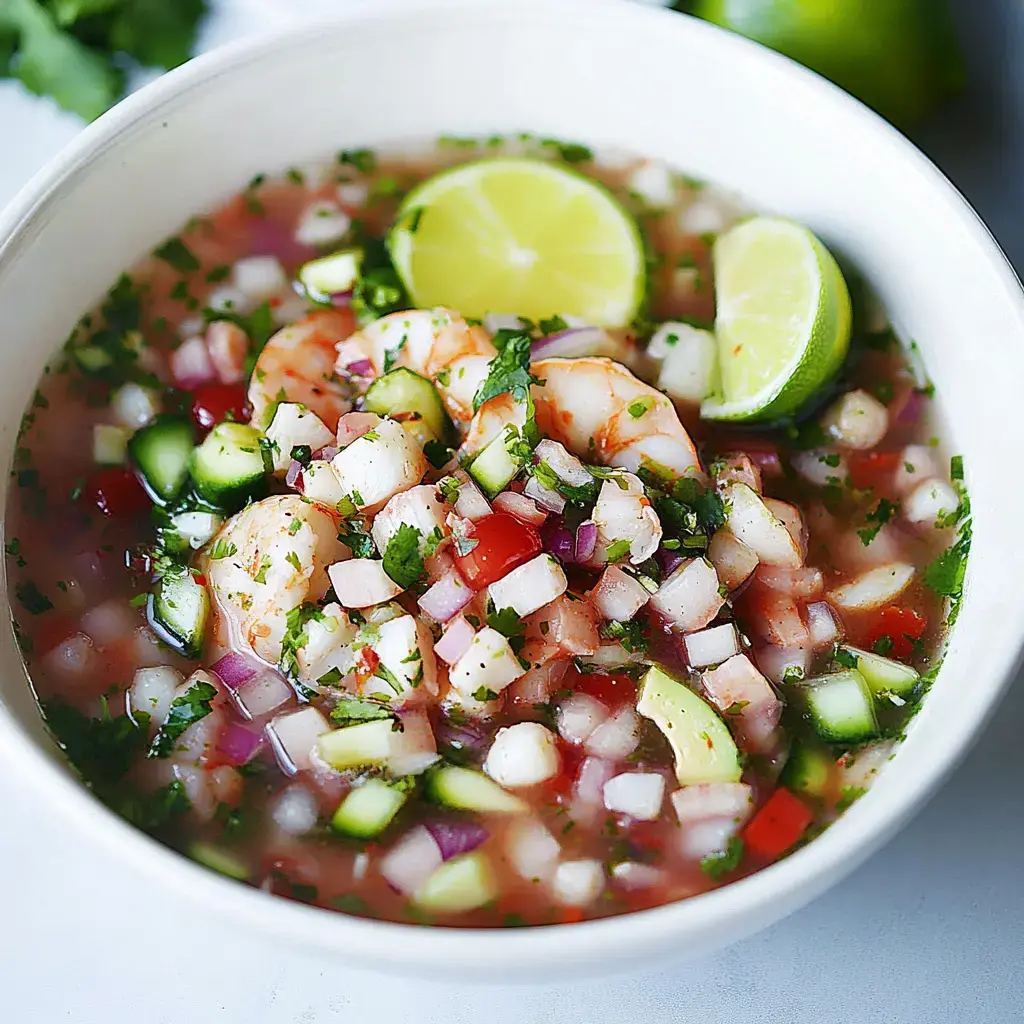 A bowl of shrimp ceviche garnished with cilantro and lime wedges, featuring a colorful mix of diced vegetables.