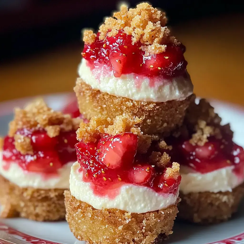 A stack of three dessert cups topped with creamy filling, strawberry sauce, and crumbled topping.