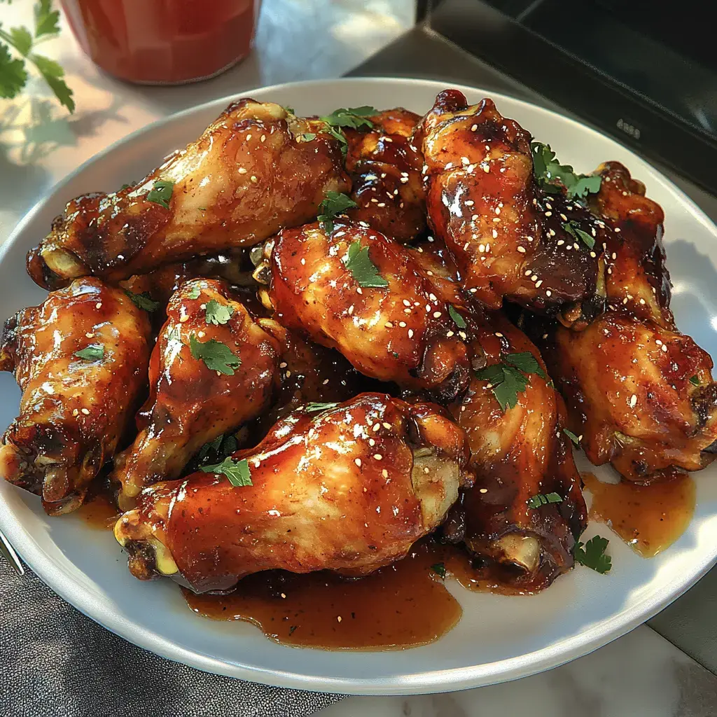 A plate of glazed chicken wings garnished with sesame seeds and fresh cilantro.