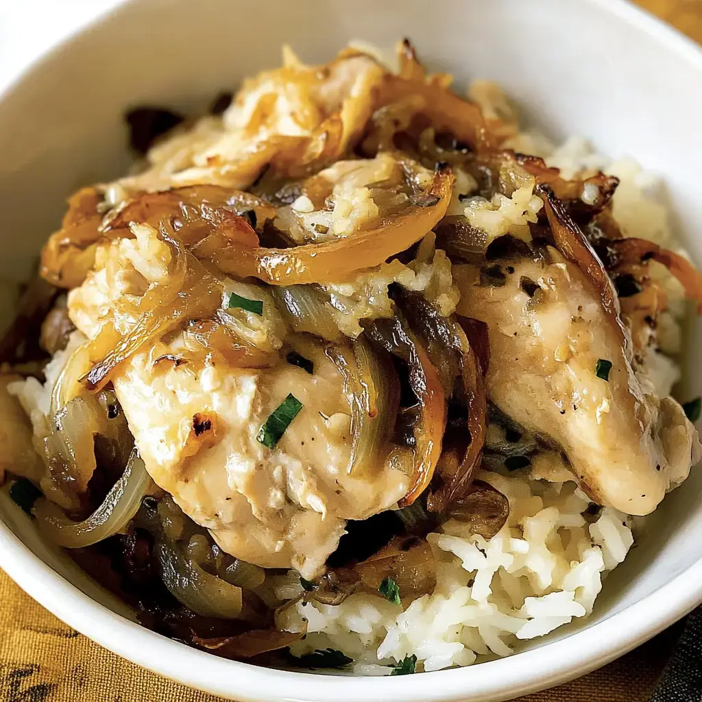 A bowl of cooked rice topped with tender chicken pieces and caramelized onions.