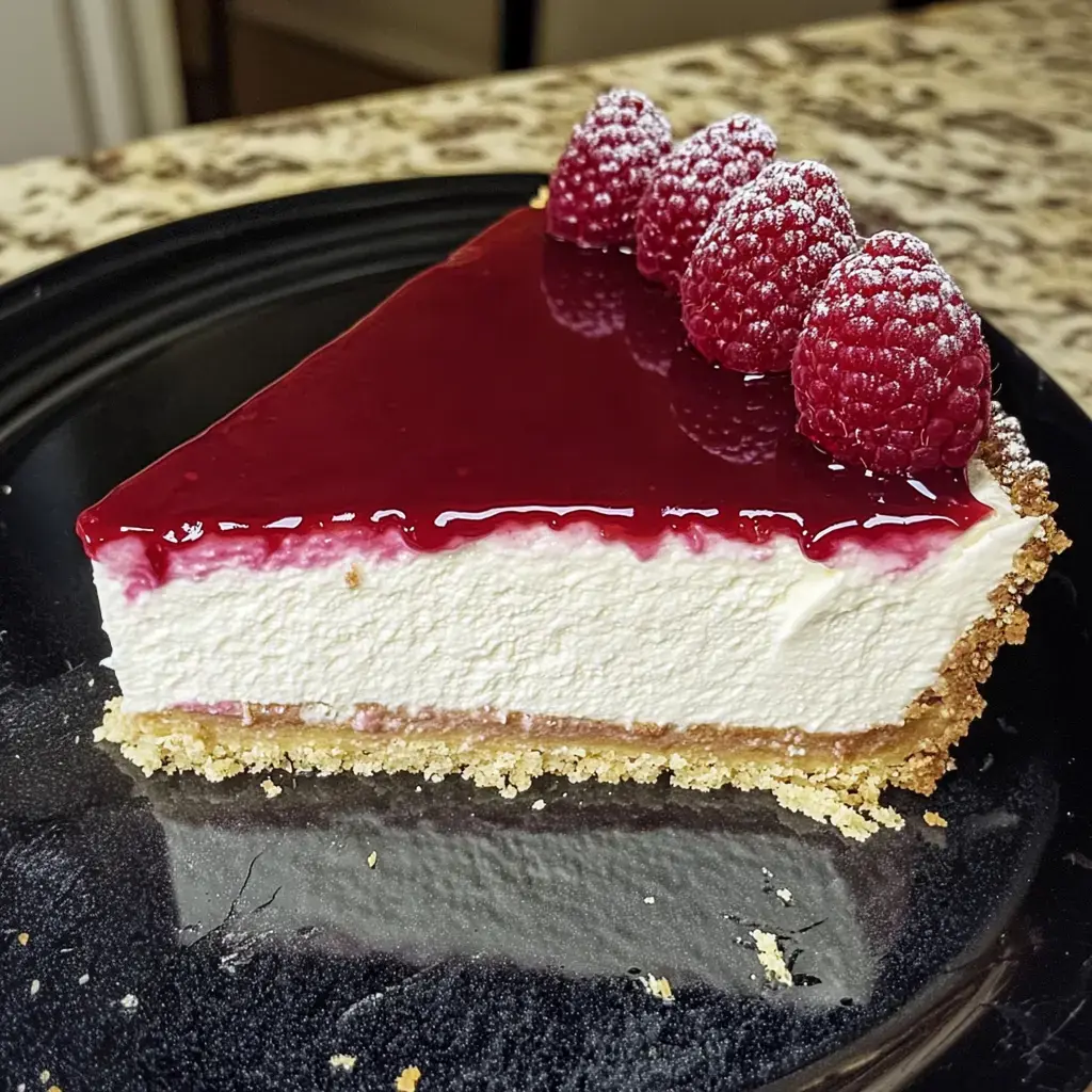 A slice of raspberry cheesecake with a glossy raspberry topping and fresh raspberries on a black plate.