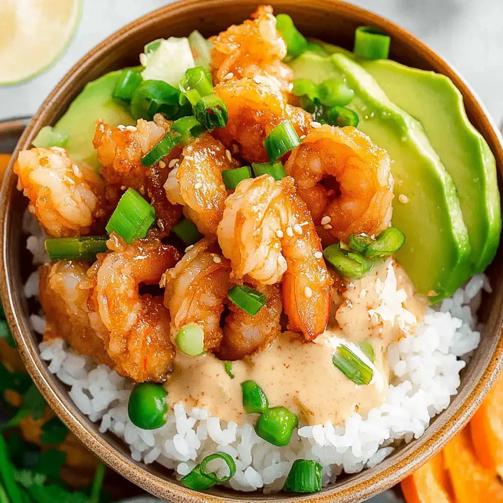 A bowl of rice topped with shrimp, avocado slices, green onions, and a creamy sauce.