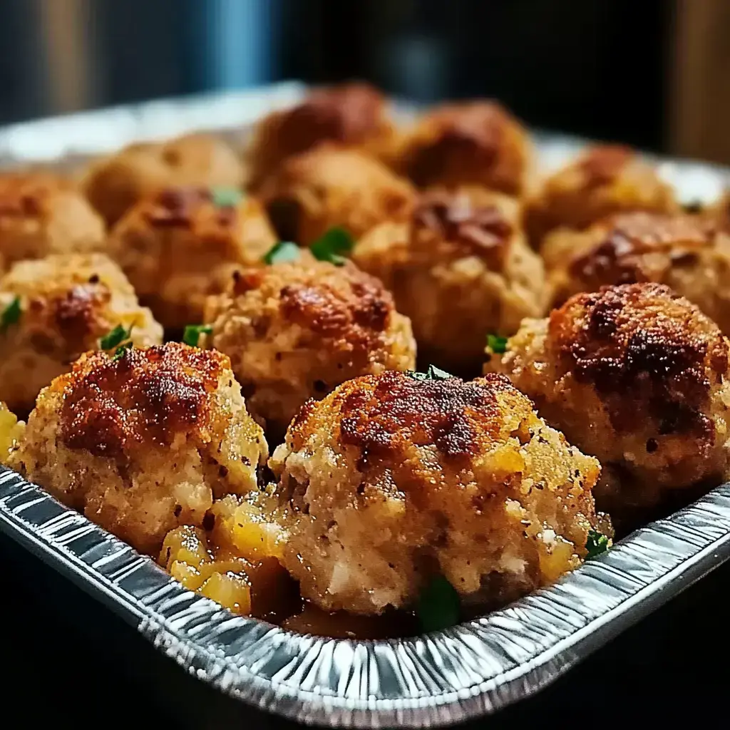 A tray of golden-brown stuffed meatballs garnished with parsley, resting on a bed of sauce.