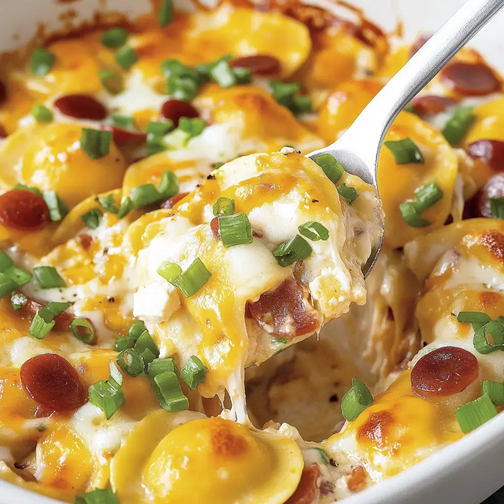 A spoonful of cheesy baked pasta topped with green onions and pepperoni.