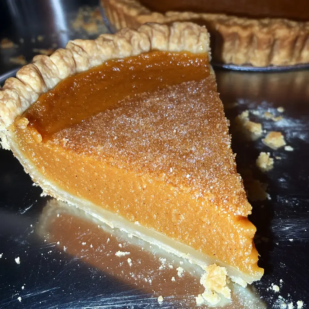 A slice of pumpkin pie with a flaky crust and a smooth filling, placed on a shiny surface.