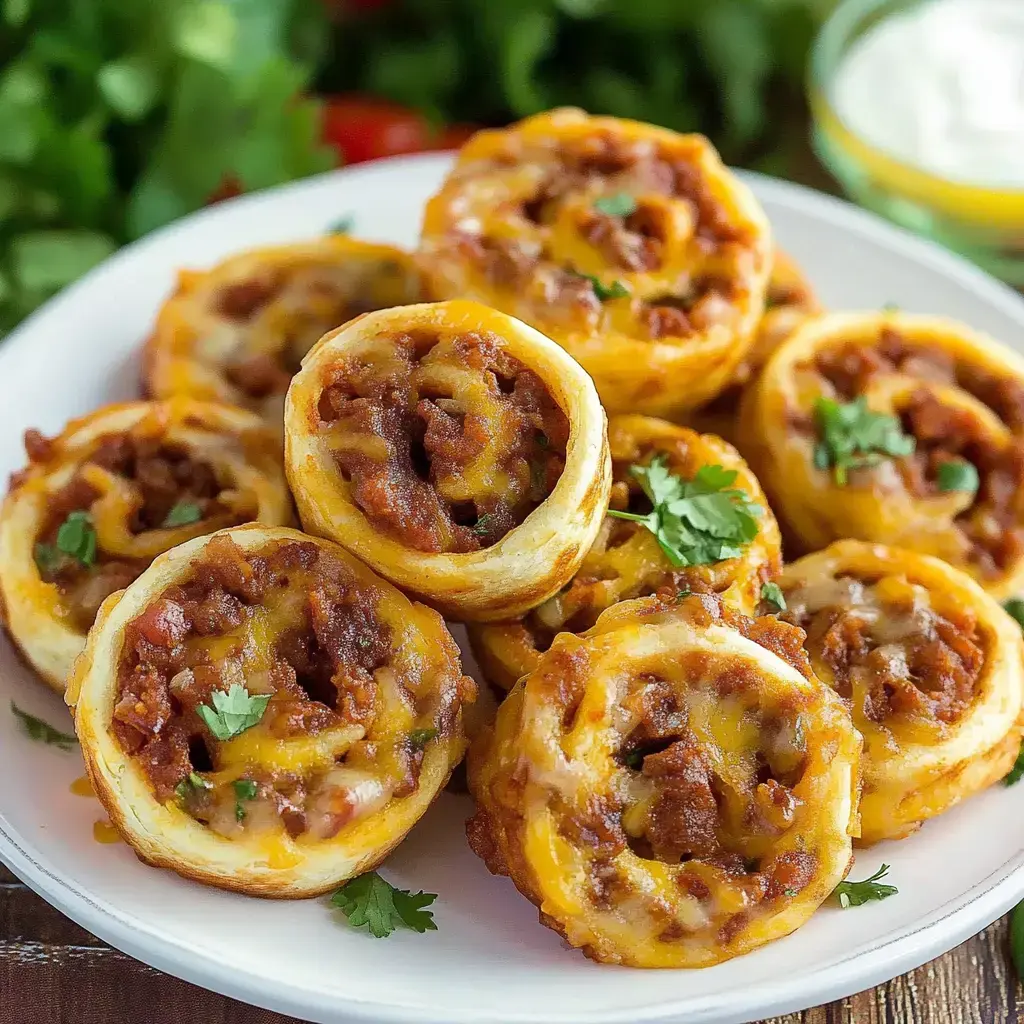 A plate of cheesy, spiraled pastry rolls filled with seasoned meat and garnished with fresh cilantro.