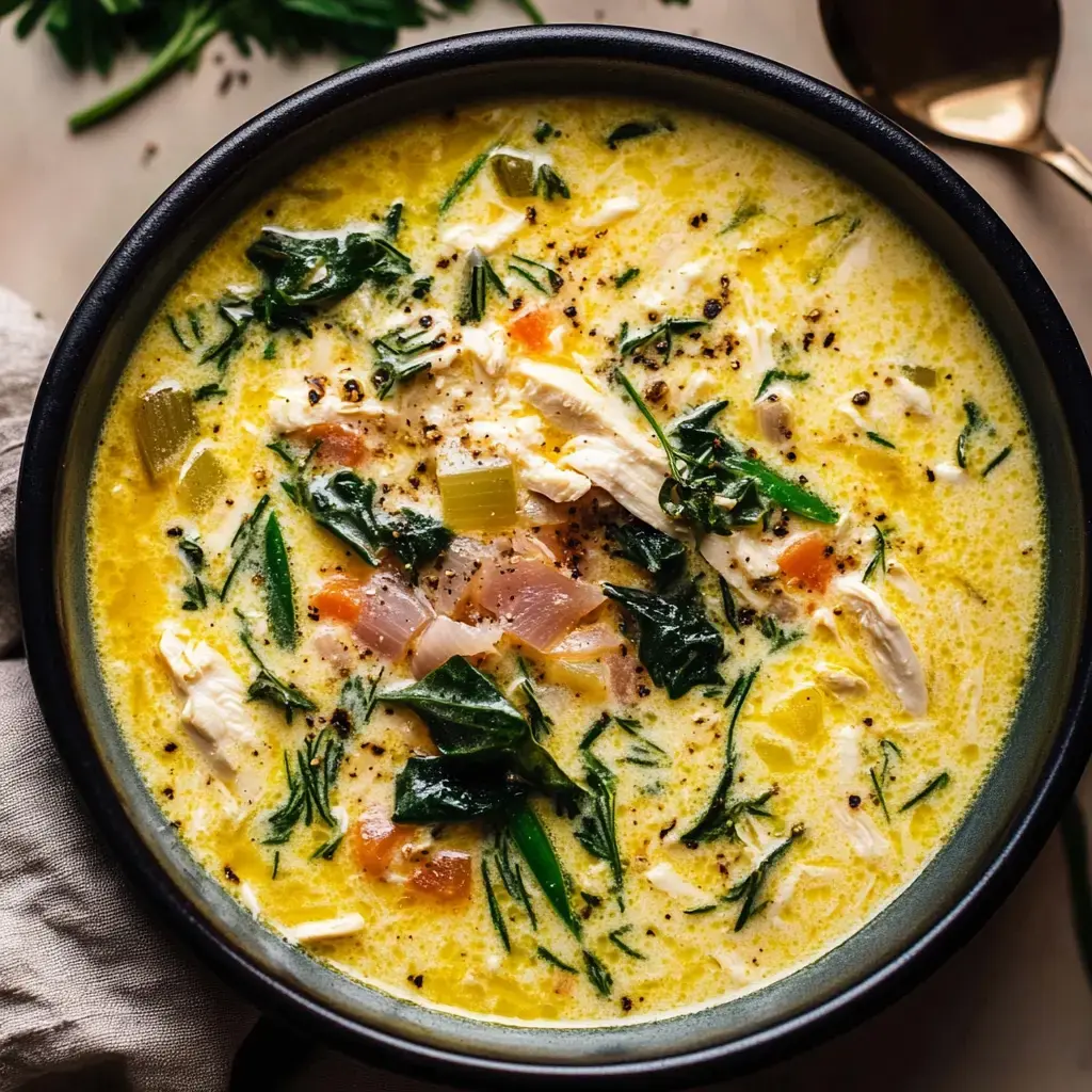 A close-up view of a creamy soup filled with chicken, spinach, and assorted vegetables in a dark bowl.