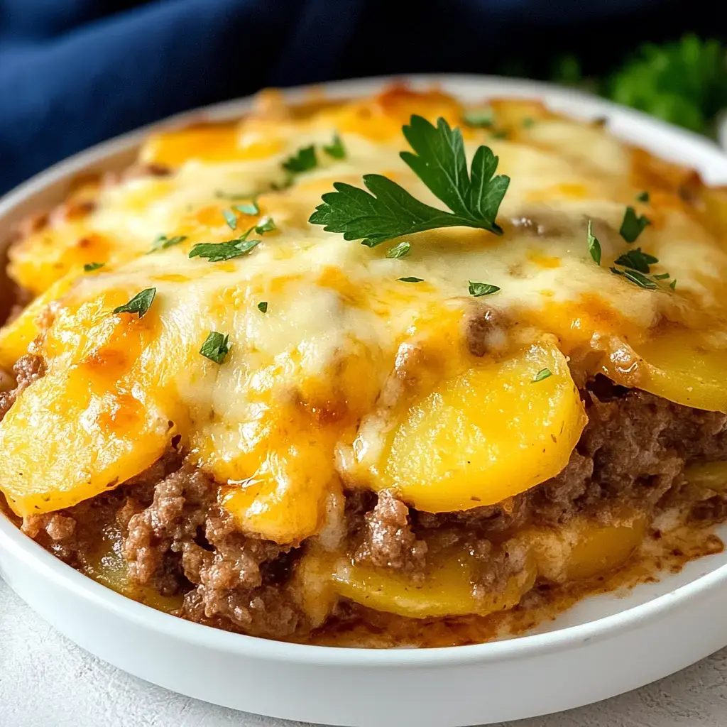 A close-up of a creamy potato and ground beef casserole topped with melted cheese and garnished with fresh parsley.