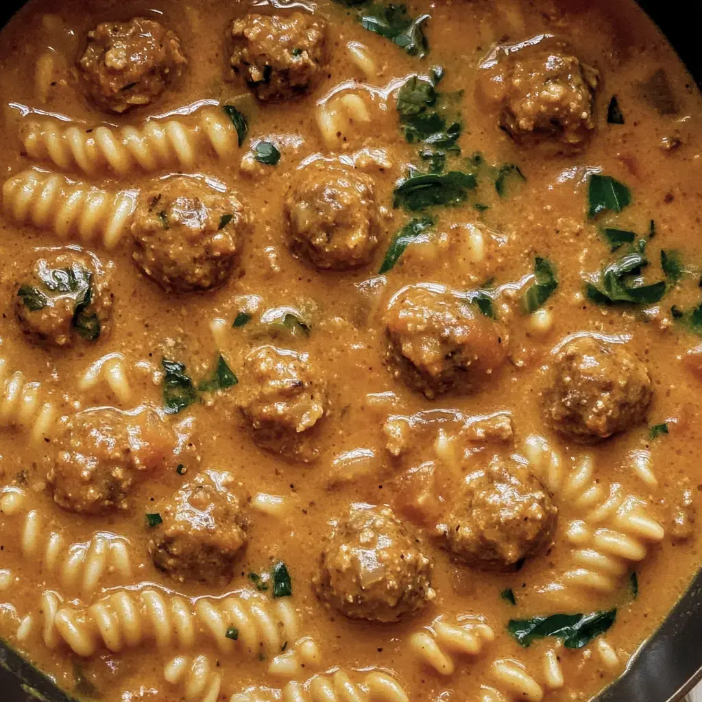 A bowl of pasta mixed with meatballs in a creamy sauce, garnished with herbs.