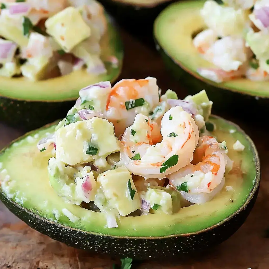 Avocado halves are filled with a mixture of shrimp, diced vegetables, and herbs, creating a colorful and fresh dish.